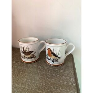 Vintage Denby England Bird Mugs Set of 2 Robin and Wren Stoneware Nature Mugs